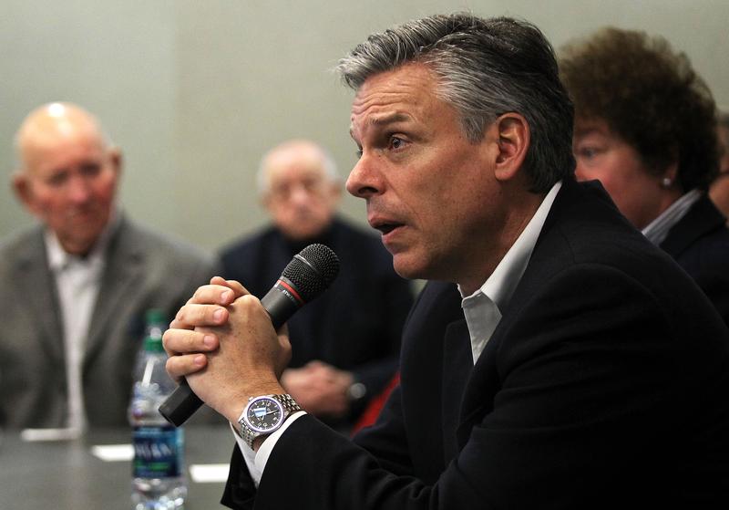 Former Utah Gov. Jon Huntsman speaks to local business owners during a business lunch in Portsmouth, New Hampshire.